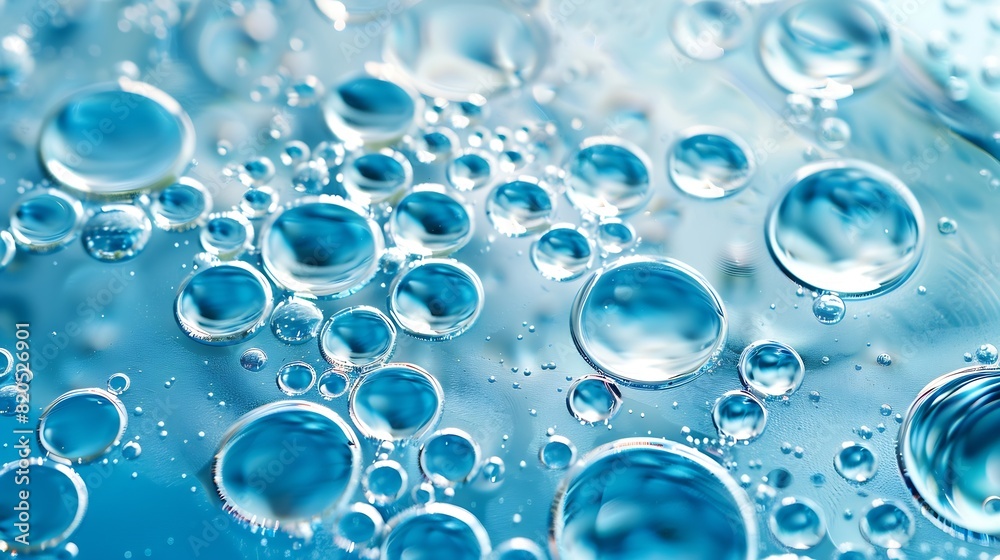 Poster oil bubbles close up a circles of water macro abstract light blue background : generative ai