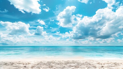 Obraz premium Beautiful beach with white sand turquoise ocean water and blue sky with clouds in sunny day Panoramic view Natural background for summer vacation : Generative AI