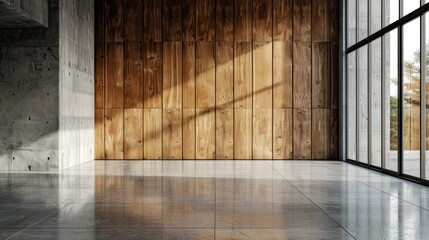 Modern industrial empty room with concrete floor, wooden accent wall, and large windows allowing natural light to flood the space.