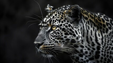 Obraz premium Intense and captivating closeup Black and White leopard portrait against a dark backdrop in the Sabi Sands Africa with piercing yellow eyes gazing into the distance Wall Print : Generative AI