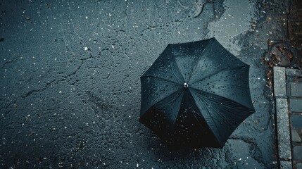 Top view of a black umbrella on a rain-drenched path, water droplets scattering as it moves, capturing a serene rainy day moment.