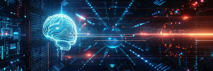 Fototapeta premium A futuristic digital interface with glowing AI brain graphics on the left side and ample blank space on the right, ideal for adding text or additional graphics