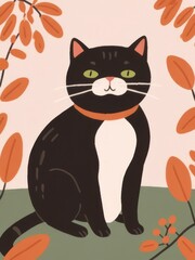Fototapeta premium Flat Illustration of a Black and White Cat with Potted Plants