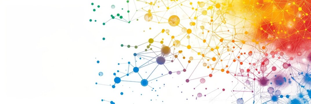 A vibrant illustration of interconnected AI data points and nodes on the left side, providing a clean, empty space on the right for text or graphics