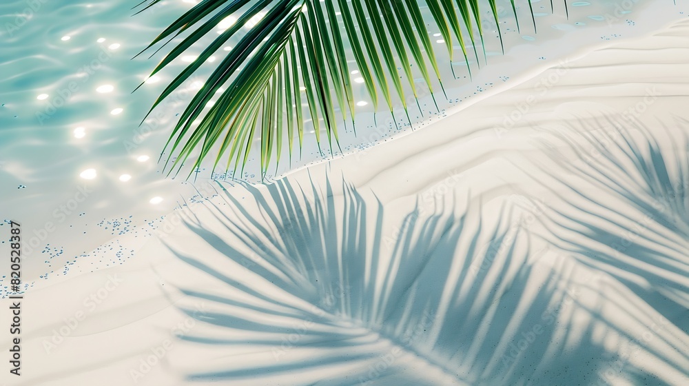 Aufkleber palm leaf shadow on abstract white sand beach background sun lights on water surface beautiful abstr