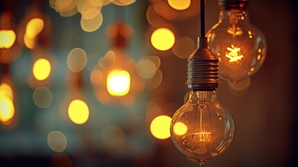 A close up of two light bulbs hanging from a wire - Powered by Adobe