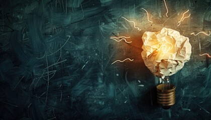 Lighting the path to knowledge: crumpled paper fashioned into a shining light bulb on the canvas of a blackboard. - Powered by Adobe
