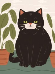 Flat Illustration of a Black and White Cat with Potted Plants
