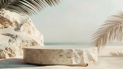 Summer sand and tropical sea background with abstract stone podium : Generative AI