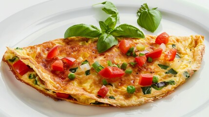 Tasty omelette with vibrant red bell pepper chunks, high-resolution food shot, isolated background, perfect lighting