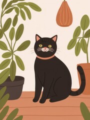 Flat Illustration of a Black and White Cat with Potted Plants