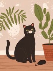 Flat Illustration of a Black and White Cat with Potted Plants