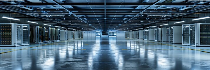 A wide shot of a data center with automated cooling systems and robotic maintenance units, providing a clear, empty space on the top portion for overlaying text or images