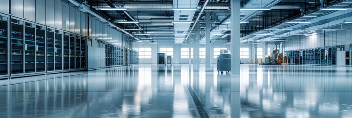 A wide shot of a data center with automated cooling systems and robotic maintenance units, providing a clear, empty space on the top portion for overlaying text or images