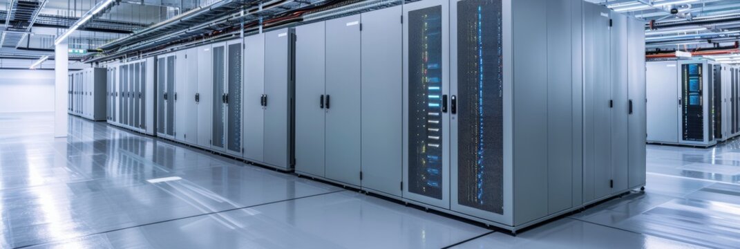 An advanced data center environment with automated systems monitoring server performance, leaving ample blank space at the bottom for text or graphical elements
