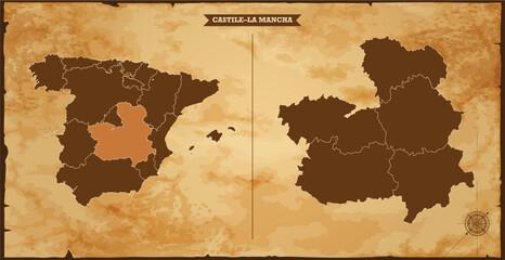Castile–La Mancha state map, Spain map with federal states in A vintage map based background, Political Spain Map