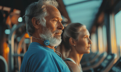 Fototapeta premium Senior man and woman exercising together on treadmills in a gym, focusing on fitness and healthy lifestyle during sunrise.