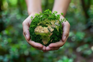 ands Holding Globe In Green Forest - Environment protection Concept