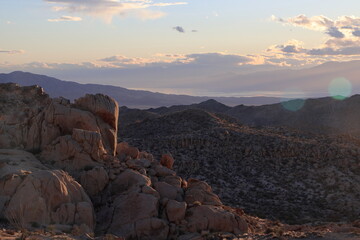 The Salton Sea can be seen from the trail to Mastadon Peak in Joshua Tree National Park, California