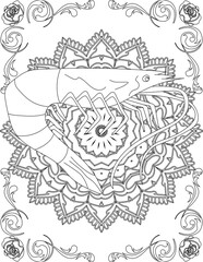 Shrimp on Mandala Coloring Page. Printable Coloring Worksheet for Adults and Kids. Educational Resources for School and Preschool. Mandala Coloring for Adults
