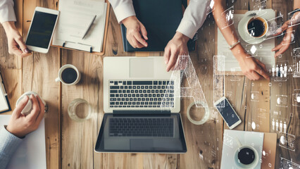 Collaborative workspace with AI interfaces, Team collaboration concept.