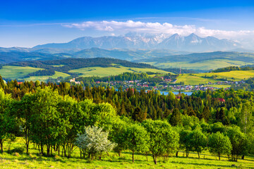 Mountain landscape in the Pieniny National Park at the foot of the Tatra Mountains. Pieniny Park is located on the border of Poland and Slovakia
