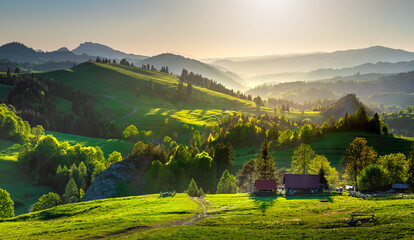 Mountain landscape in the Pieniny National Park at the foot of the Tatra Mountains. Pieniny Park is located on the border of Poland and Slovakia