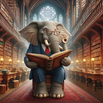 A dignified elephant in a suit and glasses reads a book in the library