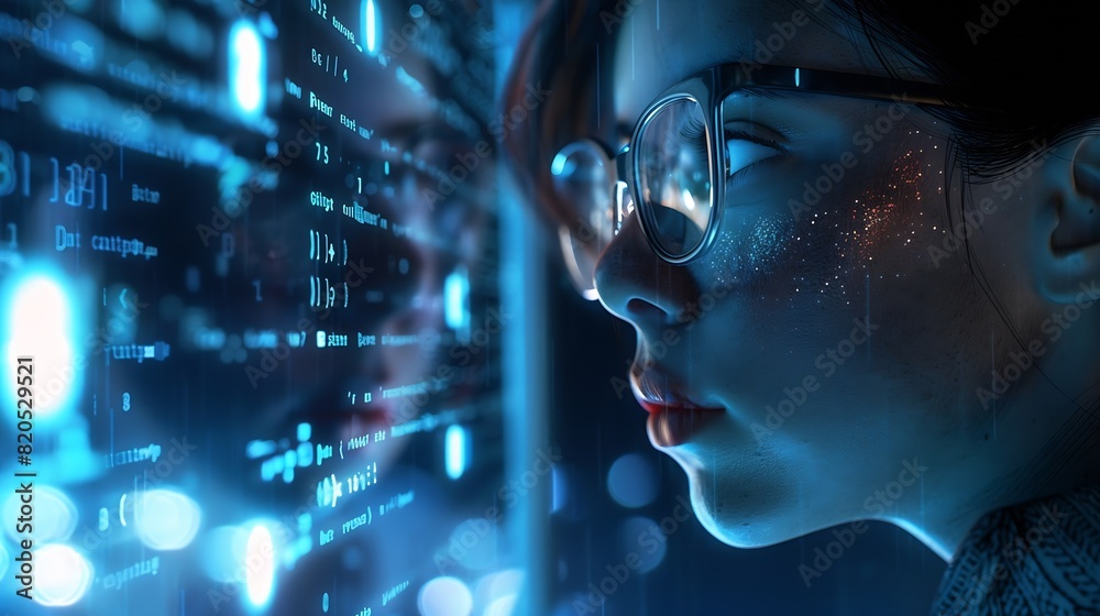 Leinwandbilder Software coding hologram and woman on tablet thinking of data analytics digital technology and night overlay Programmer or IT person in glasses on 3d screen programming and cybersecuri : Generative AI