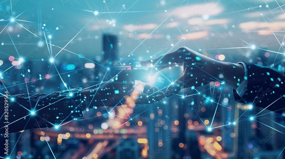 Poster Digital technology Business network connection Teamwork Deal Partnership and data exchange Investment analysis planning and  strategy Businessman working with digital device on smart c : Generative AI
