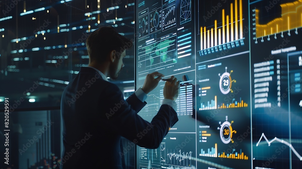 Poster Data science business analysis and strategy big data conceptBusiness teamwork analyzing financial graph on virtual touch screen futuristic technology solution for business development : Generative AI