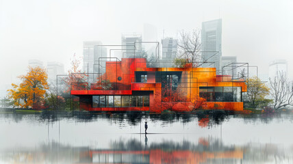 Fototapeta premium Building projects come alive with double exposure graphic design, showcasing the synergy of technology and creativity,generative ai