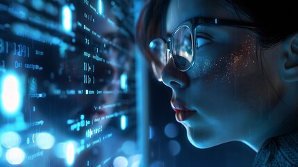 Software coding hologram and woman on tablet thinking of data analytics digital technology and night overlay Programmer or IT person in glasses on 3d screen programming and cybersecuri : Generative AI