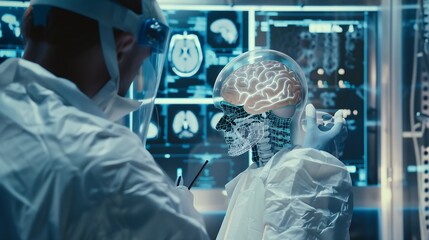 Doctor use robotic and innovative medical technology diagnose and examine patient brain with intelligence software AI Innovation medical healthcare and digital science technology in fu : Generative AI