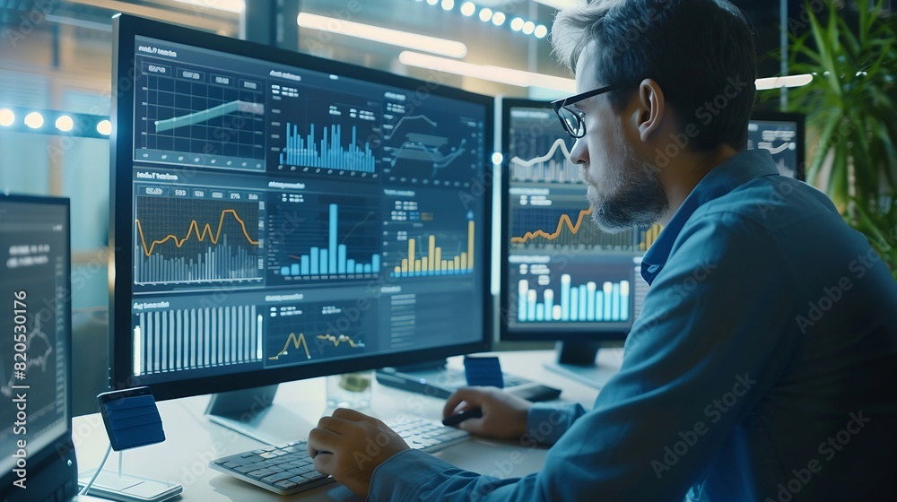 Poster An analyst uses a computer and dashboard for data business analysis and Data Management System with KPI and metrics connected to the database for technology finance operations sales ma : Generative AI
