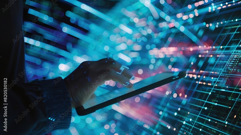 Aufkleber Internet network technology digital software development future tech background IoT concept Man using digital tablet and laptop with global network connection computer code : Generative AI