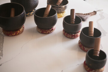 A view of several Tibetan singing bowls.