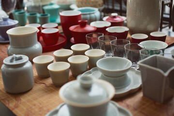 A view of a variety of tea accoutrements.