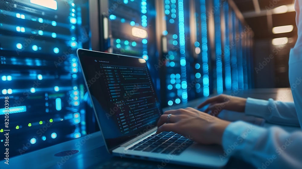 Fototapete Computer engineer working on laptop computer with server room data center big data storage as backgrounds digital technology database IT support telecommunication internet network tech : Generative AI