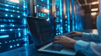 Computer engineer working on laptop computer with server room data center big data storage as backgrounds digital technology database IT support telecommunication internet network tech : Generative AI