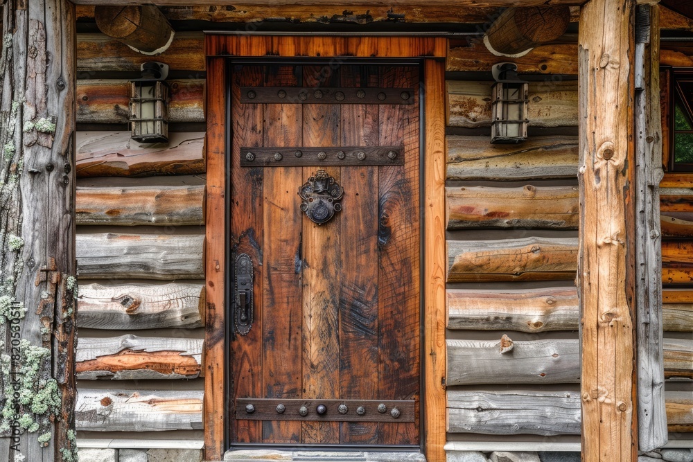 Wall mural Entrance door made of old wooden logs, very detailed. Generative AI