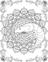 Shrimp on Mandala Coloring Page. Printable Coloring Worksheet for Adults and Kids. Educational Resources for School and Preschool. Mandala Coloring for Adults