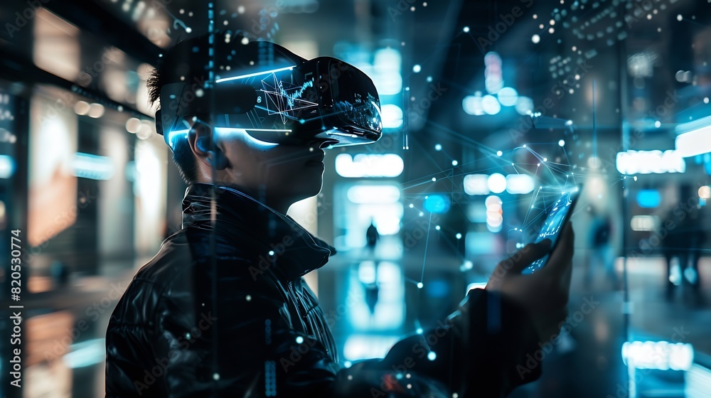 Aufkleber Metaverse and Blockchain Technology Concepts Person with an Experiences of Metaverse Virtual World via Smart Phone Futuristic Tone Conceptual Photo : Generative AI
