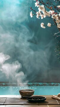  spa vertical background with stones and flowers , water and steam, natural light, tranquil atmosphere for relaxation and meditation, spa retreats, wellness centers, relaxation spaces.
