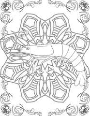 Shrimp on Mandala Coloring Page. Printable Coloring Worksheet for Adults and Kids. Educational Resources for School and Preschool. Mandala Coloring for Adults