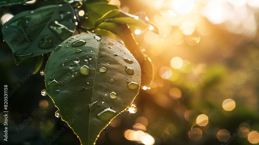 Aufkleber Large beautiful drops of transparent rain water on a green leaf macro Drops of dew in the morning glow in the sun Beautiful leaf texture in nature Natural background : Generative AI