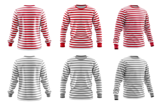 2 Set of white and red maroon grey gray stripe striped long sleeve men tee t shirt round neck front back side view on transparent background cutout, PNG file. Mockup template for artwork design