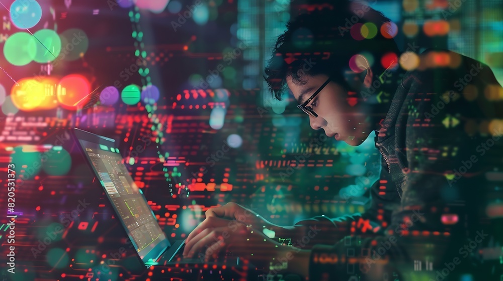 Fototapete Digital technology software development concept Coding programmer software engineer working on laptop with circuit board and javascript on virtual screen internet of things IoT : Generative AI