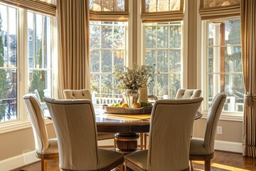 Inviting breakfast nook with a round table and upholstered chairs.