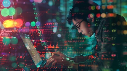 Digital technology software development concept Coding programmer software engineer working on laptop with circuit board and javascript on virtual screen internet of things IoT : Generative AI